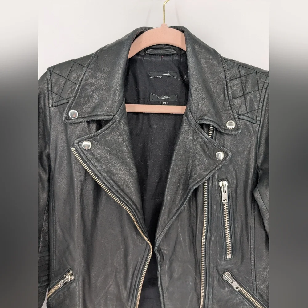 Black Genuine Lambskin Leather Moto Jacket Womens XS Double Zip Slim Biker Chic - Picture 12 of 15